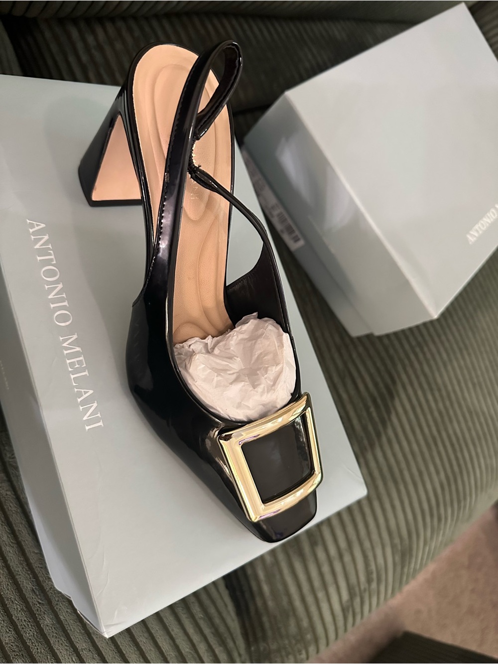 Antonio Melani Black Patent Slingback Pump with Gold Buckle